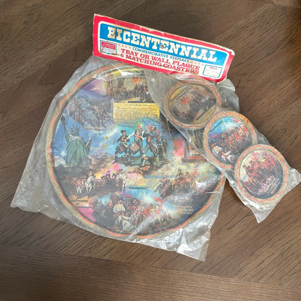 Bicentennial Commemorative Metal Tray & 6 Coasters Vtg 1976 NOS Rust READ